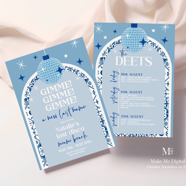 Blue Tile Mamma Mia Hen Party weekend Invitation, Musical themed hen invite printable, editable greek disco hens invitation DX