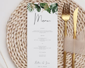 Tropical wedding menu, summer palm leaf bridal shower menu, botanical tropical dinner menu, monstera leaf, beach menu instant download, 119