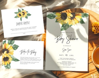 May include: A set of three printable baby shower cards featuring a sunflower design. The cards include a diaper raffle, a book request, and a baby shower invitation. The invitation reads "Please join us for a Baby Shower in honour of Sam Jane, Sat | 13 | Jul, Two Thousand Twenty, 3 o'clock in the afternoon, Norscot Manor, 291 Willow Road, Maryland, NY, Please RSVP to Sam at 000 000 0000, Sara is registered at Target".
