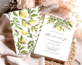 Lemon Wedding Invitation template, Yellow lemon Sorrento Wedding Invite, Amalfi coast wedding Instant Download, Editable yellow citrus 122