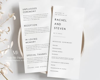 May include: A minimalist wedding ceremony and reception program with black text on a white background. The program includes the order of events for the ceremony and reception, including the names of the bride and groom, Rachel and Steven. The date of the wedding is 30.11.20XX.