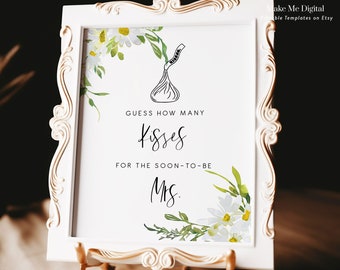 DAISY | How Many Kisses Bridal Shower Game, elegant white daisy printable, editable white floral guessing game bridal shower sign121