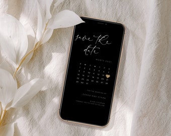 Modern Black Save the Date Evite, Contemporary dark wedding save the date calendar, industrial modern editable black digital ZAHRA save
