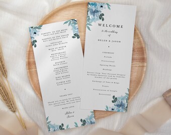 Blue Floral Wedding Program Rustic wedding ceremony program, editable blue program template, printable floral program, instant download 131