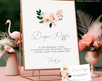Pink hydrangea Diaper Raffle Sign & Cards, magnolia printable Baby Shower raffle sign printable, floral diaper raffle game baby download 116