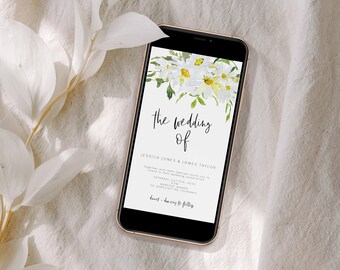 White Daisy Wedding Invitation Evite, elegant white daisy electronic wedding invitation, text white floral daisy wedding delicate floral 121