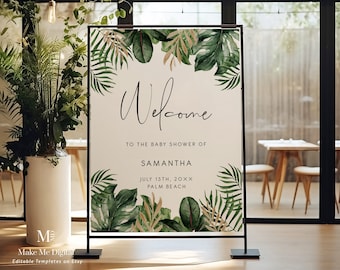 Tropical & Gold Baby Shower welcome sign, editable welcome sign, palm leaf welcome sign, baby shower tropical welcome sign monstera leaf 119