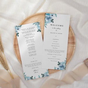 Blue Floral Wedding Program Rustic wedding ceremony program, editable blue program template, printable floral program, instant download 131