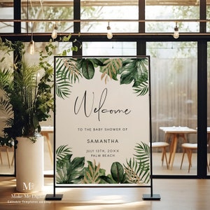 Tropical & Gold Baby Shower welcome sign, editable welcome sign, palm leaf welcome sign, baby shower tropical welcome sign monstera leaf 119