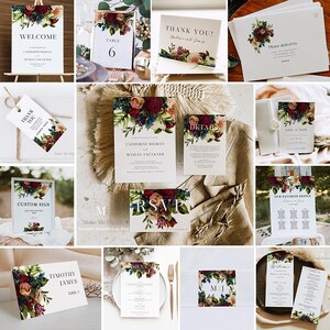 15 item Burgundy Floral Stationery Bundle | Gothic Wedding Invitation Set, Printable Red Wedding Suite Download Burgundy stationery set 105