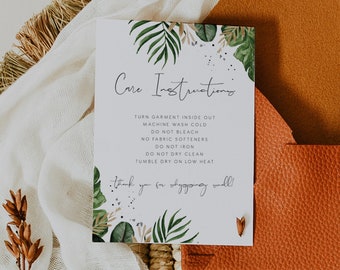 Tropical Garment Care Card Template, Editable shirt care card, Printable small business garment care card, elegant care card  palm 119