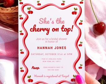 She's the cherry on top Valentine Bridal Shower Invitation template, Red cherry retro party Invite wavy border Instant Download photo VX1