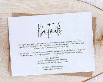 Modern Wedding details card Template | Printable Wedding information card | Editable insert card | Elegant details card 111