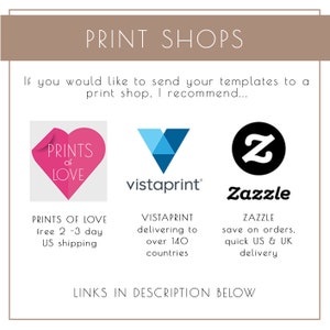 Op de afbeelding: Een afbeelding met drie logo's voor drukkerijen: Prints of Love, Vistaprint en Zazzle. De tekst onder elk logo beschrijft de diensten van het bedrijf. De tekst onderaan de afbeelding luidt: "Links in de beschrijving hieronder."
