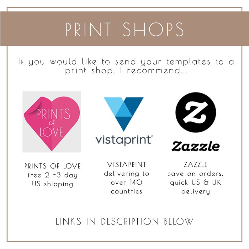 Op de afbeelding: Een afbeelding met drie logo's voor drukkerijen: Prints of Love, Vistaprint en Zazzle. De tekst onder elk logo beschrijft de diensten van het bedrijf. De tekst onderaan de afbeelding luidt: "Links in de beschrijving hieronder."