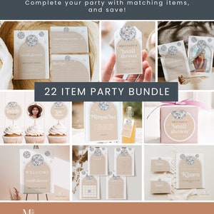 Disco Ball Diva Bridal Shower BUNDLE, Silver glitter festival hen do invitation printable, editable arch bridal party bundle invite set DX