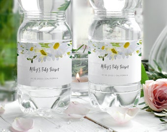 White Daisy Baby Shower Water Bottle Label, elegant white daisy baby shower label printable, INSTANT DOWNLOAD, Printable Label  Editable 121