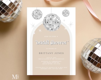 Disco Ball Diva Bridal Shower Invitation, Silver glitter festival hen do invitation printable, editable arch bridal invitation invite DX