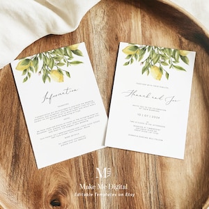 Lemon Wedding Double Sided Invitation citrus Invitation, Yellow lemon Wedding Invite Instant Download Editable yellow citrus information 122