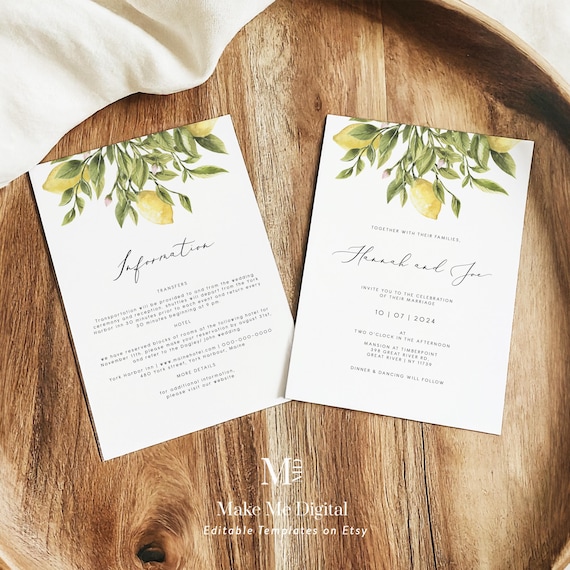 Lemon Wedding Double Sided Invitation citrus Invitation, Yellow lemon Wedding Invite Instant Download Editable yellow citrus information 122