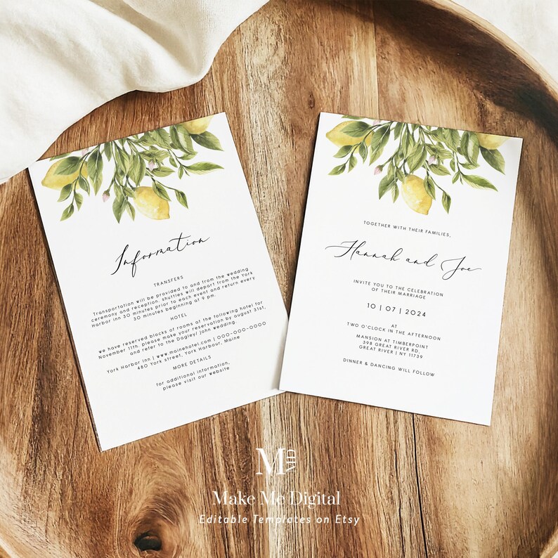 Lemon Wedding Double Sided Invitation citrus Invitation, Yellow lemon Wedding Invite Instant Download Editable yellow citrus information 122 image 1