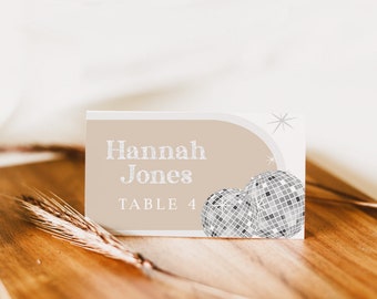 Disco Diva Place Cards for bridal shower, Silver glitter retro place settings printable, editable arch disco ball 70s hen party hippie DX