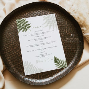 Modèle de menu de mariage fougère | Menu de mariage modifiable en fougère | de menu de mariage vert forêt à imprimer |  Modèle de menu de mariage dans les bois 112