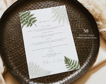Fern wedding menu template | Editable Fern Wedding Menu | printable forest green wedding menu card |  woodland wedding menu template 112