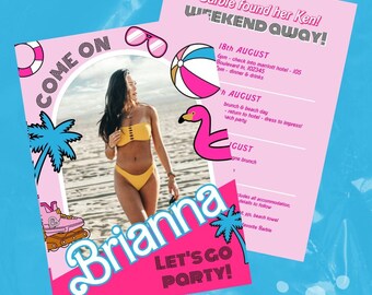 Malibu Beach Fashion Doll Bachelorette Wochenende Einladung, Hot Pink Pool Party Henne printable, editable komm lass uns Party machen bachelorette