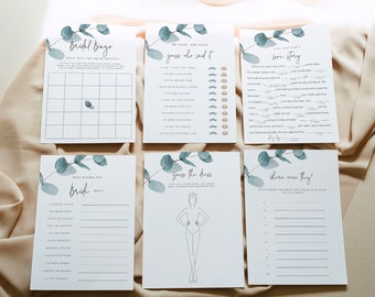 Puede incluir: Un conjunto de juegos de despedida de soltera imprimibles con temática de eucalipto. Los juegos incluyen "Bridal Bingo", "Él dijo, ella dijo", "Historia de amor", "¿Quién conoce mejor a la novia?", "Adivina el vestido" y "¿Dónde estaban?".