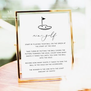 Elegant kalligrafie minigolfbord, modern bord met regels voor putting green, direct downloaden, bruiloftsgast gazonspel putt putt spelbord 110