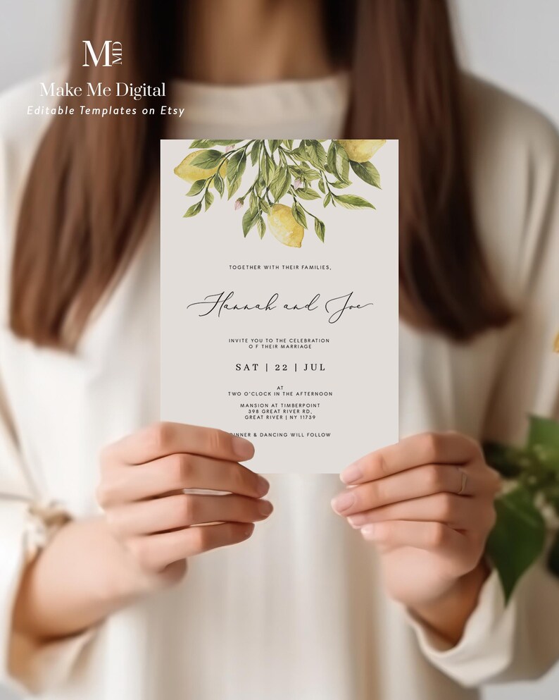 Lemon Wedding Double Sided Invitation citrus Invitation, Yellow lemon Wedding Invite Instant Download Editable yellow citrus information 122 image 7