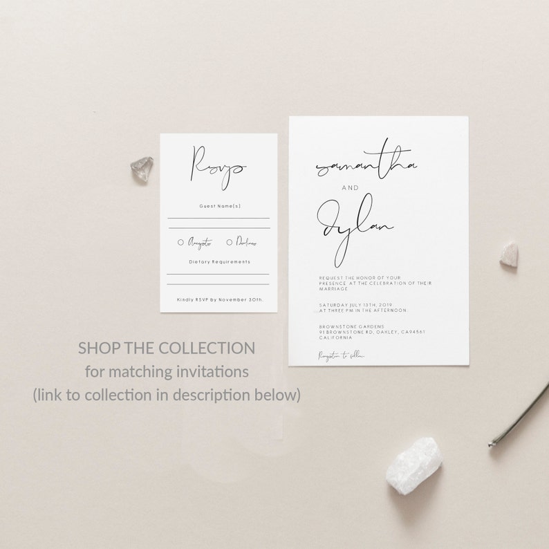 May include: Wedding invitation with a white background and black text. The invitation reads "Samantha and Dylan request the honor of your presence at the celebration of their marriage. Saturday July 13th, 2019 at three PM in the afternoon. Brownstone Gardens, Brownstone Rd, Oakley, CA 94561.  RSVP by November 30th."