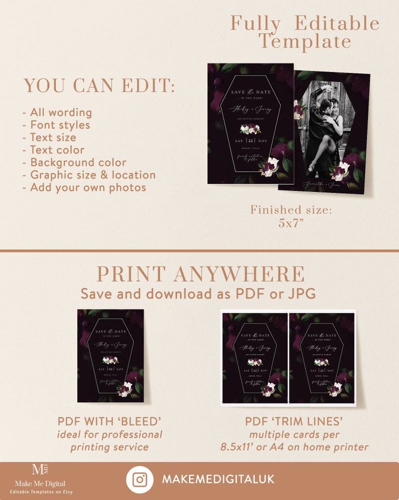 May include: Editable template for a save the date card with a gothic coffin design. The card features a black background with purple flowers and a gold frame. The text "Save the Date" is written in a script font. The finished size of the card is 5x7 inches.