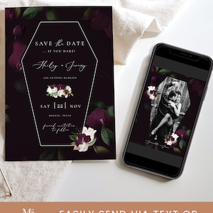 May include: A dark purple and green save the date card with a coffin-shaped frame. The text reads "Save the Date... If you dare!" with the names "Thily + Jinny" and the date "Sat | 22 | Nov". The card is decorated with floral elements.