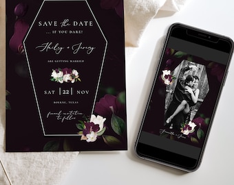 May include: A dark purple and green save the date card with a coffin-shaped frame. The text reads "Save the Date... If you dare!" with the names "Thily + Jinny" and the date "Sat | 22 | Nov". The card is decorated with floral elements.