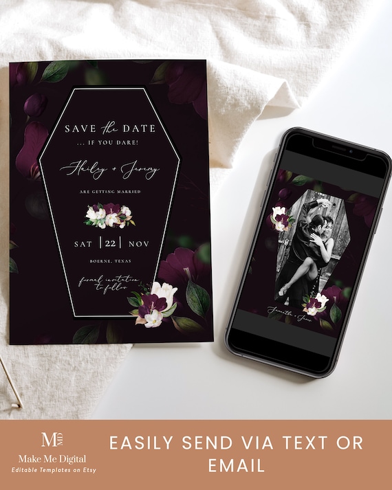 Gothic Coffin Save the date Invitation, Printable Halloween Wedding save the date if you dare Invite Instant Download purple and black VE1