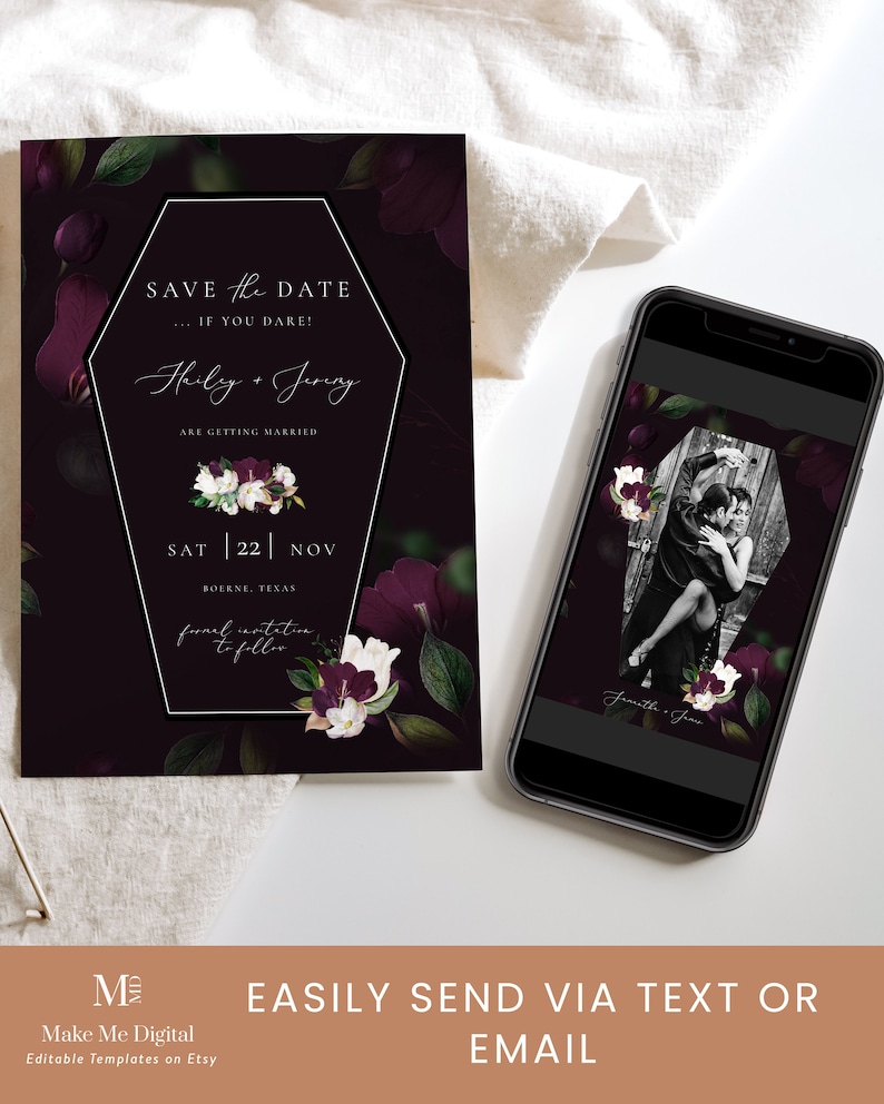 May include: A dark purple and green save the date card with a coffin-shaped frame. The text reads "Save the Date... If you dare!" with the names "Thily + Jinny" and the date "Sat | 22 | Nov". The card is decorated with floral elements.