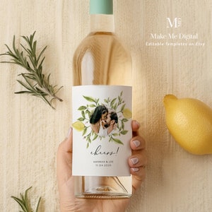 Lemon Wedding Wine Bottle Label, Modern wedding bottle favor, INSTANT DOWNLOAD Printable Label, 100% Editable, Elegant Wedding Favor 122