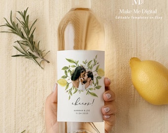 Lemon Wedding Wine Bottle Label, Modern wedding bottle favor, INSTANT DOWNLOAD Printable Label, 100% Editable, Elegant Wedding Favor 122