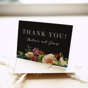 Donkere humeurige bloemenbedankkaart bordeauxrode bloemen bruiloft gevouwen kaart, donkere bordeauxrode bedankkaart met tent, instant download, 105
