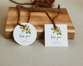 Sunflower Favor tag Rustic wedding favor tag, editable yellow round tag template, printable country wedding gift tag, instant download sunny