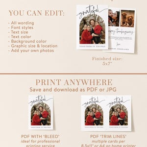 May include: Editable Thanksgiving card template with a photo of a family in a red and black archway with the text "grateful" in black script. The card is 5x7 inches and can be printed with bleed or trim lines.