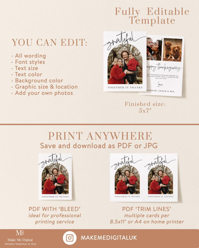 May include: Editable Thanksgiving card template with a photo of a family in a red and black archway with the text "grateful" in black script. The card is 5x7 inches and can be printed with bleed or trim lines.