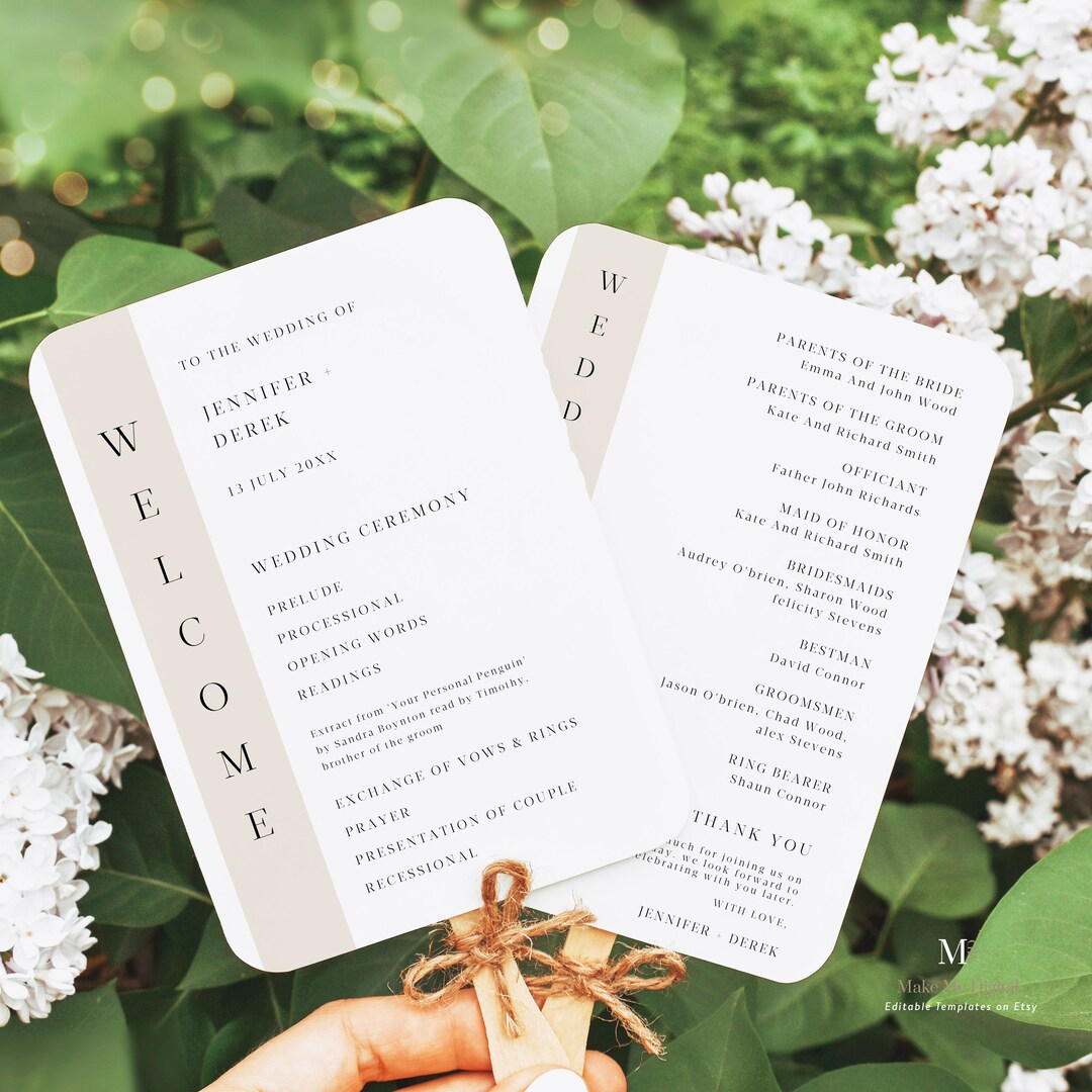 Program Fan Size Paper Minimalist Wedding Program Fan Template, Modern Serif DIY Program Fan ...