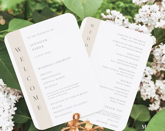 Plantilla minimalista de abanico para programa de boda, abanico para programa DIY con serifas modernas, abanico beige personalizado de doble cara, editable 101