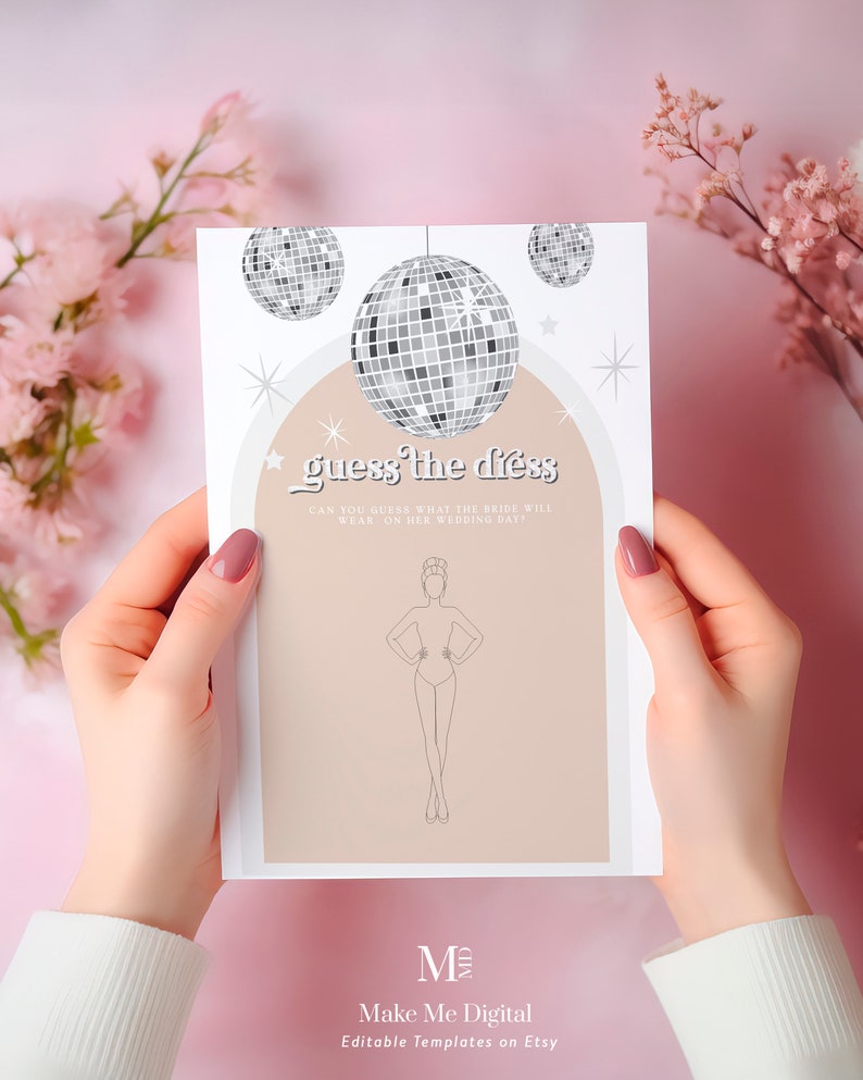 May include: A printable wedding game card with a disco ball theme. The card has a silhouette of a person and the text "guess the dress" with the tagline "Can you guess what the bride will wear on her wedding day?"