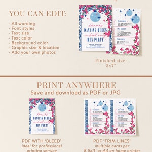 May include: Editable template for a hen party invitation. The invitation features a disco ball, pink flowers, and the text "Hannah's Dancing Queen Weekend Away Hen Party". The template is available in two sizes: 5x7 inches and 8.5x11 inches.