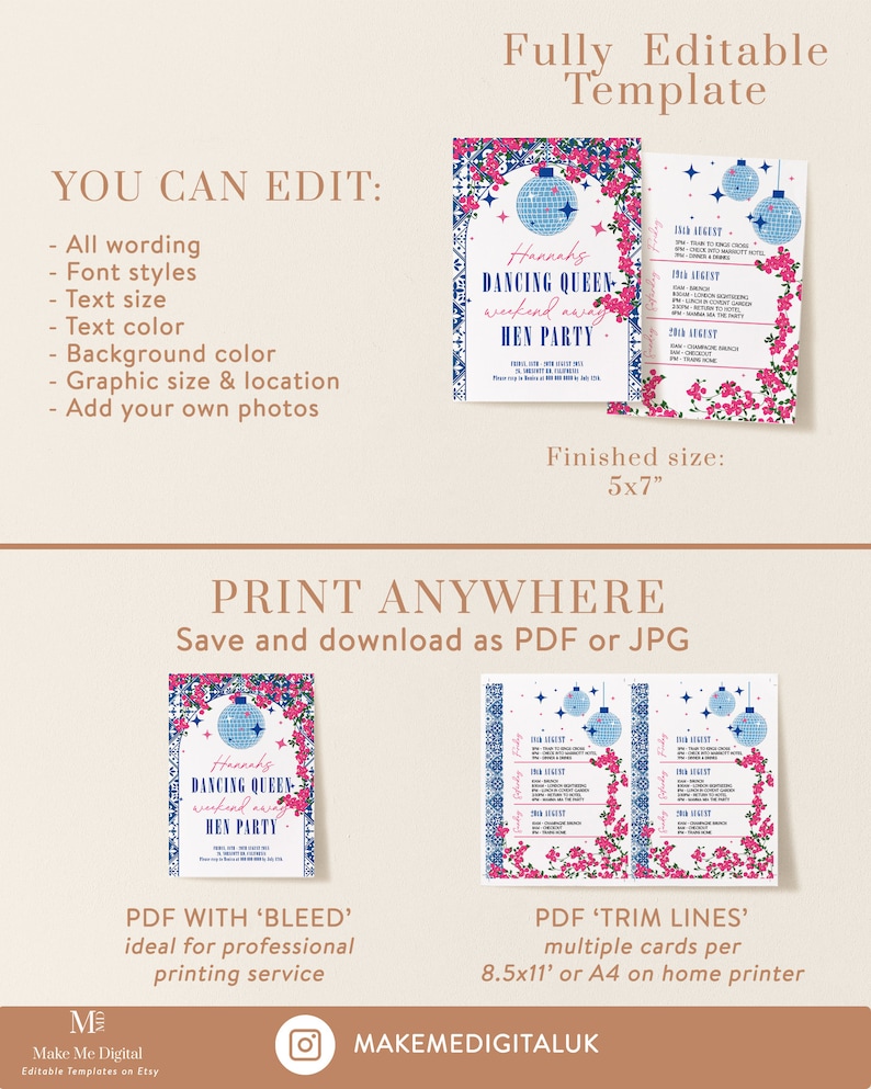 May include: Editable template for a hen party invitation. The invitation features a disco ball, pink flowers, and the text "Hannah's Dancing Queen Weekend Away Hen Party". The template is available in two sizes: 5x7 inches and 8.5x11 inches.