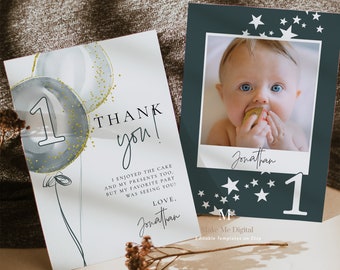 Blue Balloon Thank you card First Birthday, Delicate blue boy first Birthday thank you Hip hip hooray 1st birthday photo, balloon garland